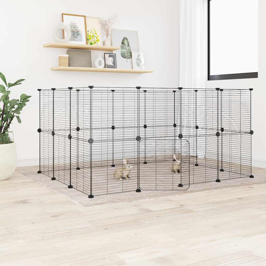 Huisdierenkooi Met Deur 28 Panelen 140X105X70 Cm Staal Zwart