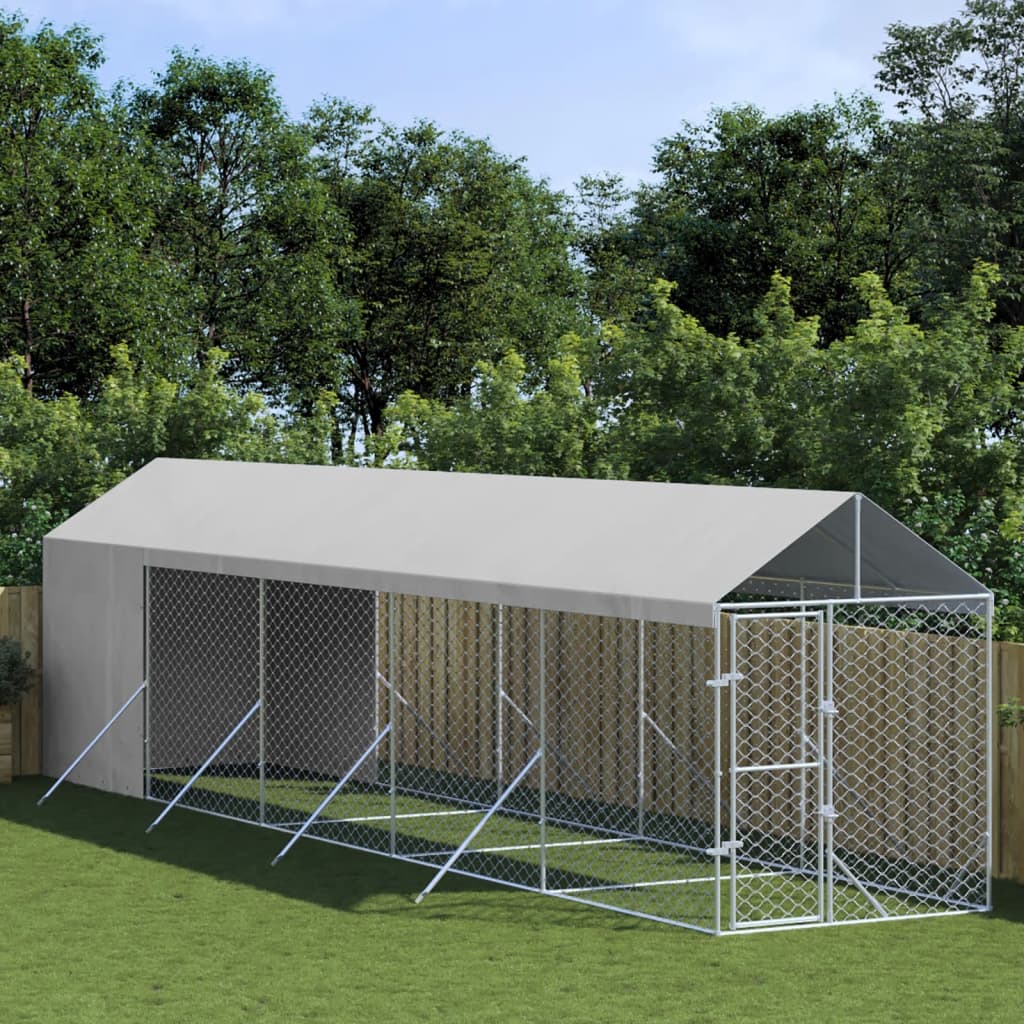 Hondenkennel Met Dak 2X14X2,5 M Gegalvaniseerd Staal Zilver