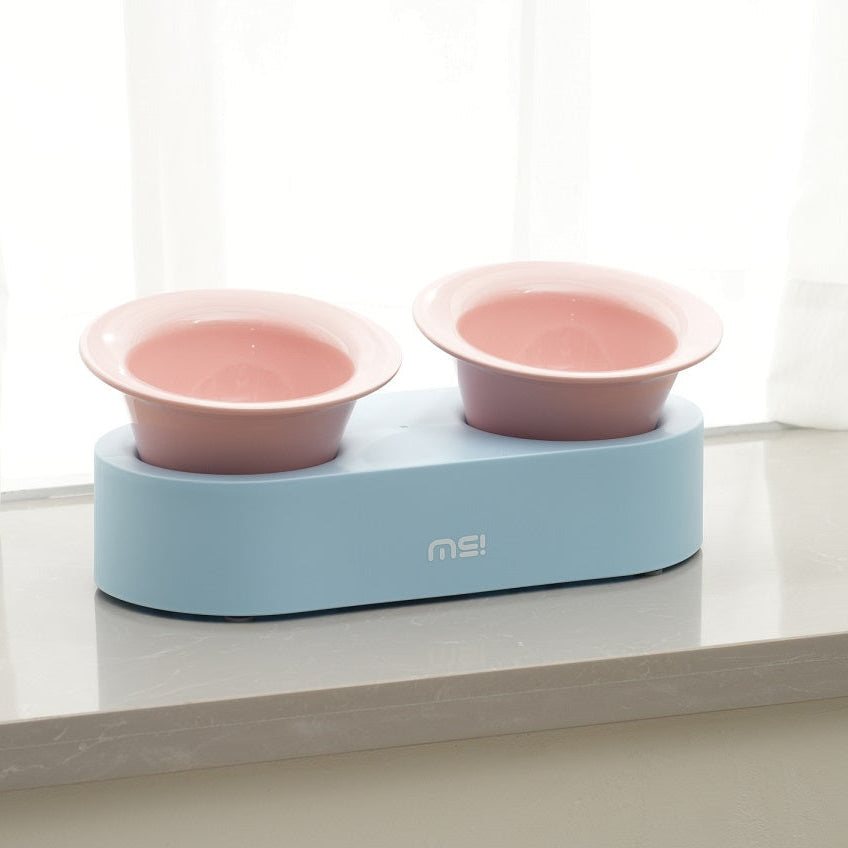 Keramische katten voer- en drinkbak - verhoogd ontwerp - lichtblauw en roze