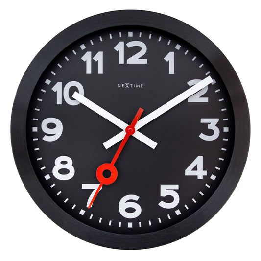 Wall Clock 35cm-Silent-Black-Anodized Aluminium-NeXtime 'Station All Black'