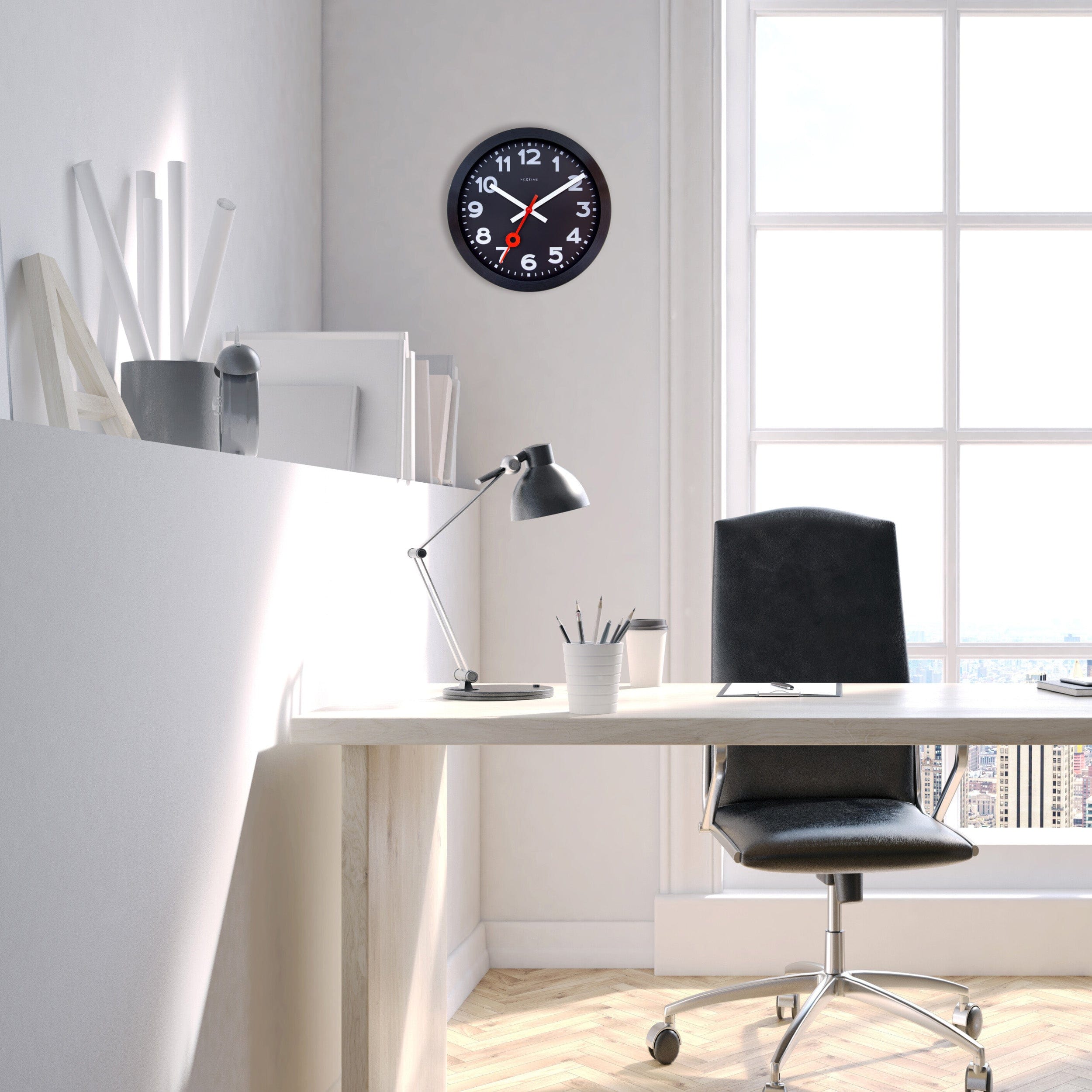 Wall Clock 35cm-Silent-Black-Anodized Aluminium-NeXtime 'Station All Black'