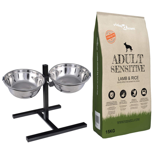 Voerstand En Kom Met Hondenvoer Zilver En Zwart 57,5 X 26 Cm