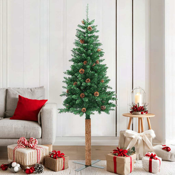 Kerstboom Met Echt Hout En Dennenappels Smal 150 Cm Pvc Groen