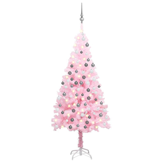 Kunstkerstboom Met Verlichting En Kerstballen 180 Cm Pvc Roze En Grijs