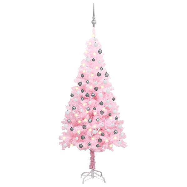 Kunstkerstboom Met Verlichting En Kerstballen 180 Cm Pvc Roze En Grijs