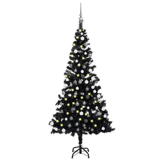 Kunstkerstboom Met Verlichting En Kerstballen 180 Cm Pvc Zwart En Grijs