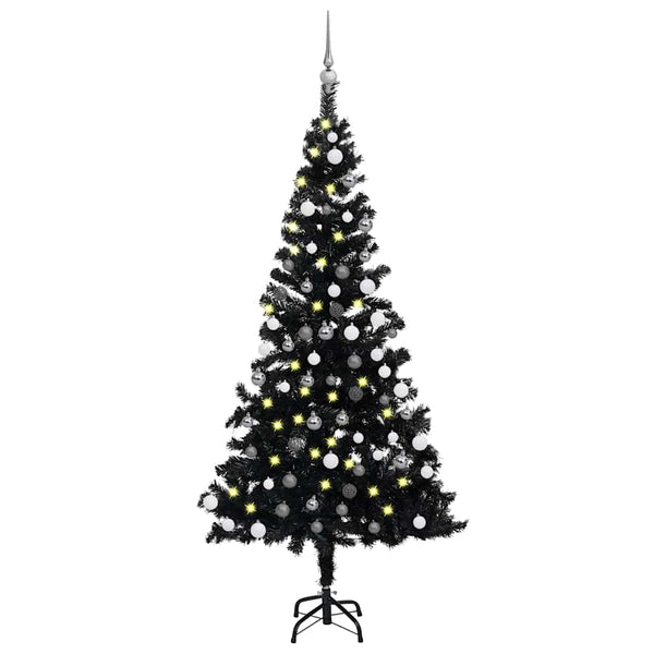 Kunstkerstboom Met Verlichting En Kerstballen 180 Cm Pvc Zwart En Grijs