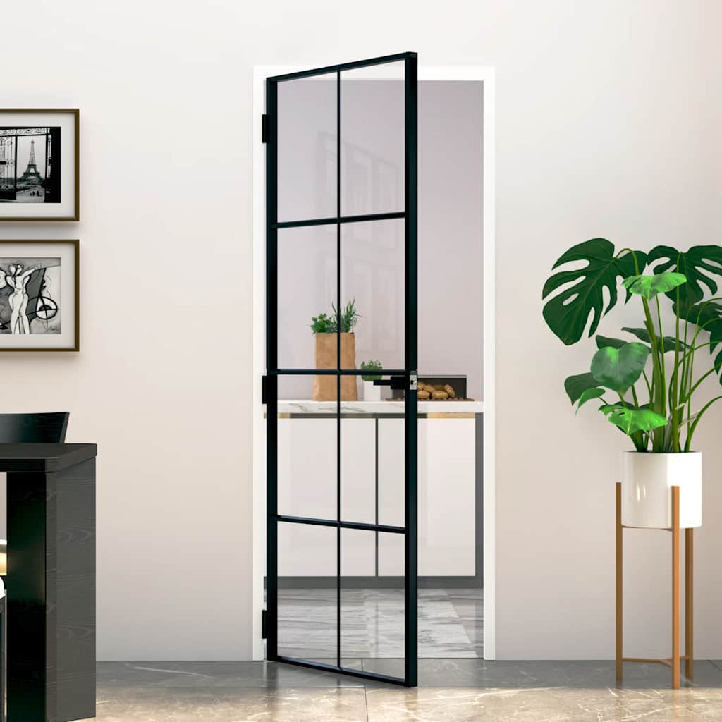 Binnendeur 93X201,5 Cm Gehard Glas En Aluminium Smal Zwart En Transparant