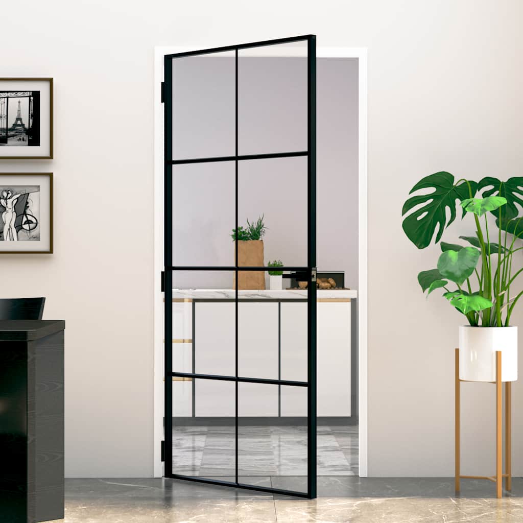 Binnendeur 93X201,5 Cm Gehard Glas En Aluminium Smal Zwart En Transparant