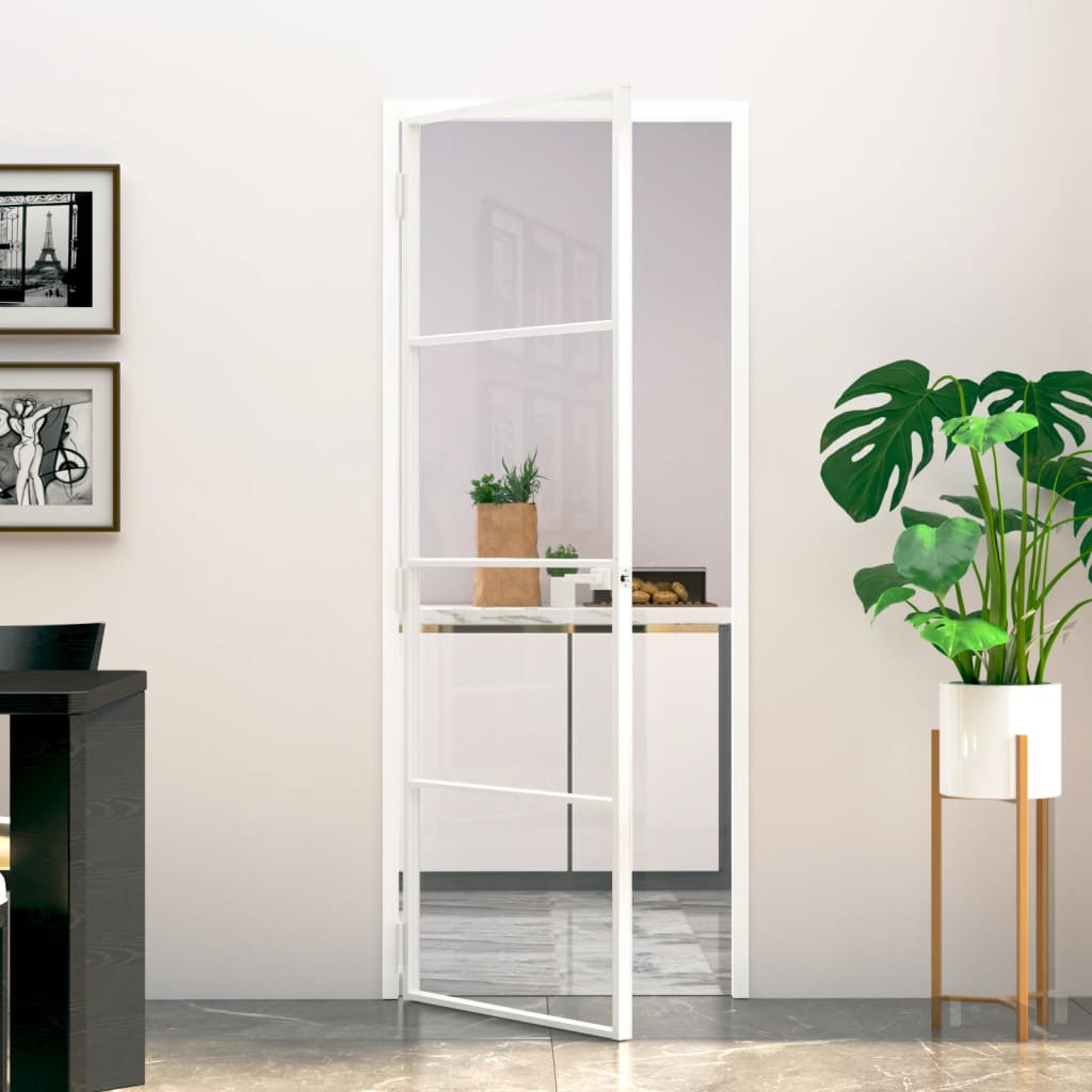 Binnendeur 93X201,5 Cm Gehard Glas En Aluminium Smal Wit En Transparant