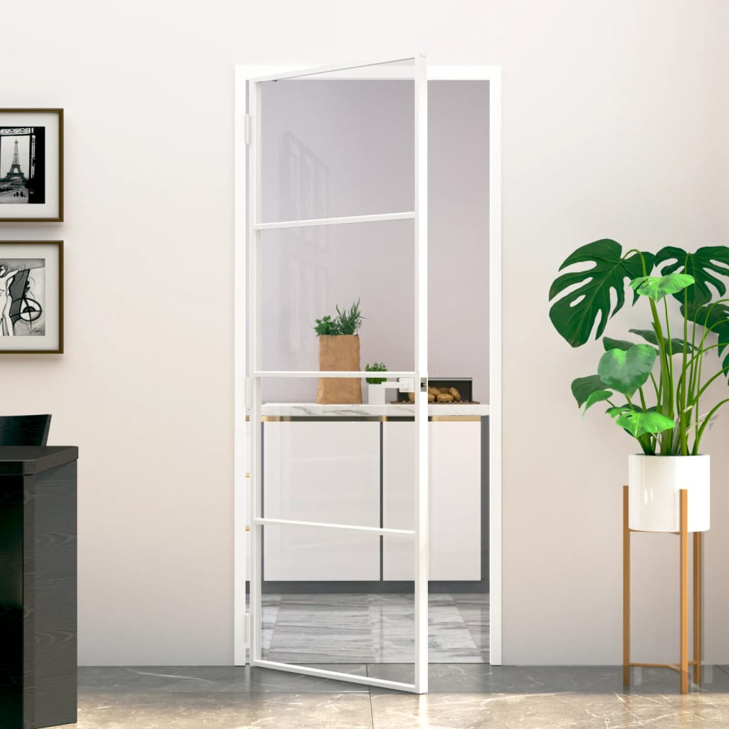 Binnendeur 93X201,5 Cm Gehard Glas En Aluminium Smal Wit En Transparant