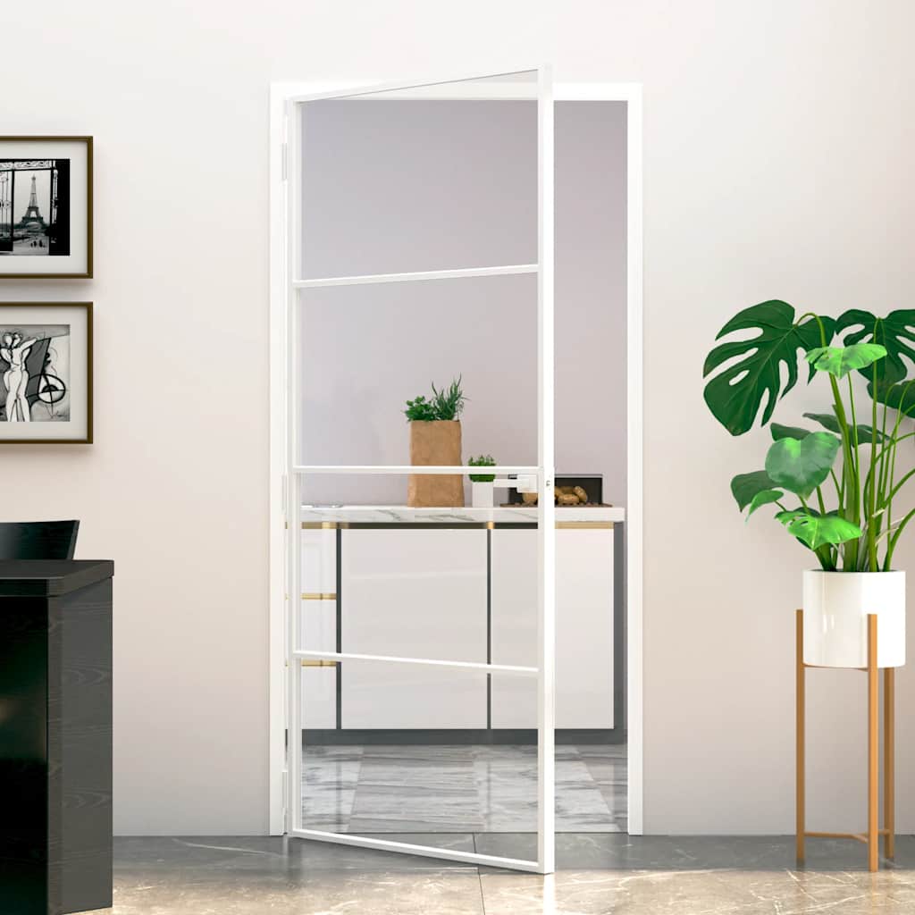 Binnendeur 93X201,5 Cm Gehard Glas En Aluminium Smal Wit En Transparant