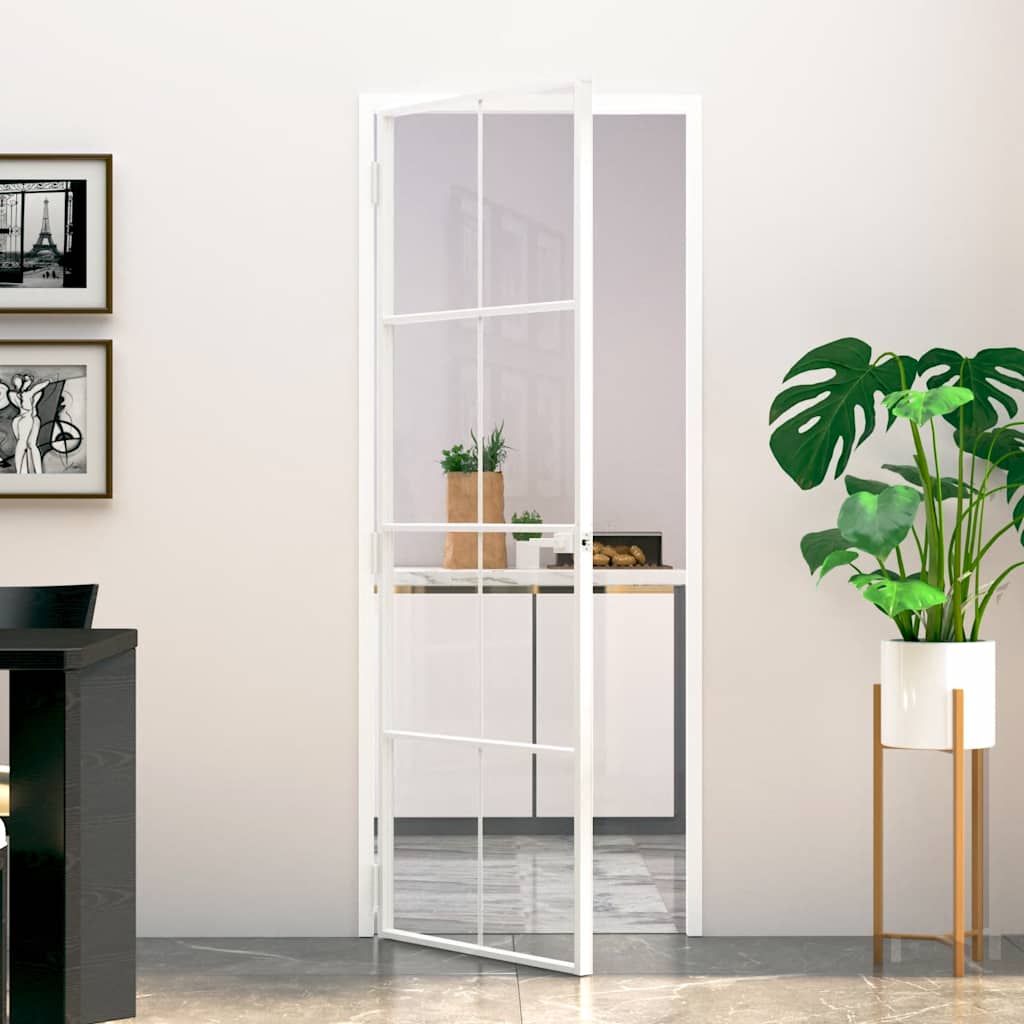 Binnendeur 93X201,5 Cm Gehard Glas En Aluminium Smal Wit En Transparant