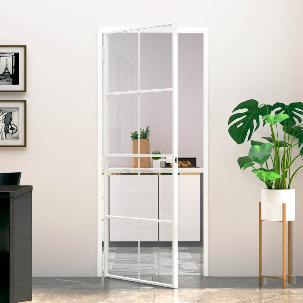 Binnendeur 93X201,5 Cm Gehard Glas En Aluminium Smal Wit En Transparant