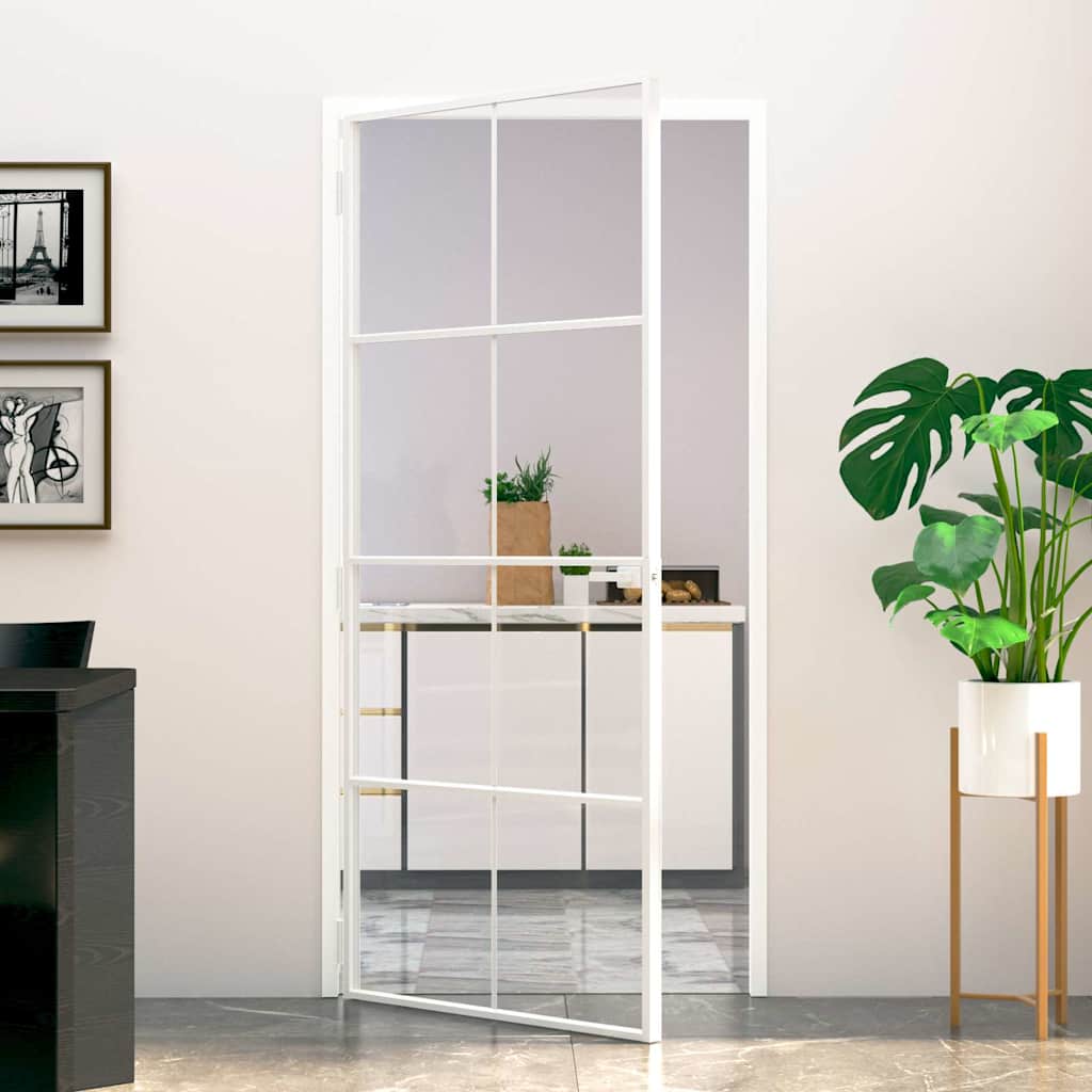 Binnendeur 93X201,5 Cm Gehard Glas En Aluminium Smal Wit En Transparant
