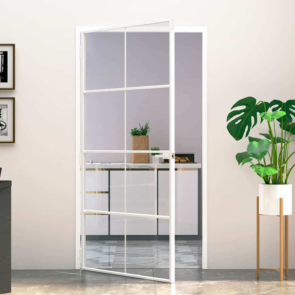 Binnendeur 93X201,5 Cm Gehard Glas En Aluminium Smal Wit En Transparant
