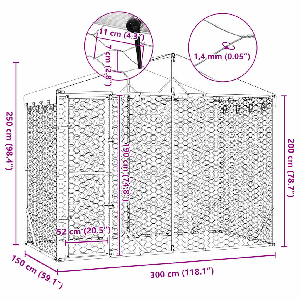 Hondenkennel Met Dak 3X1,5X2,5 M Gegalvaniseerd Staal Zilver