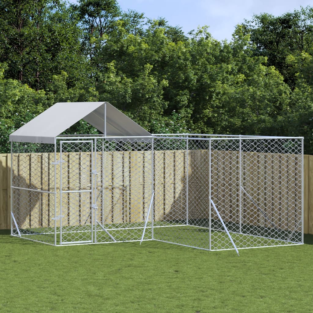 Hondenkennel Met Dak 4X4X2,5 M Gegalvaniseerd Staal Zilver