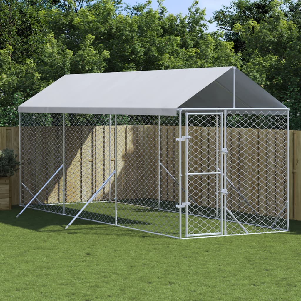 Hondenkennel Met Dak 2X14X2,5 M Gegalvaniseerd Staal Zilver