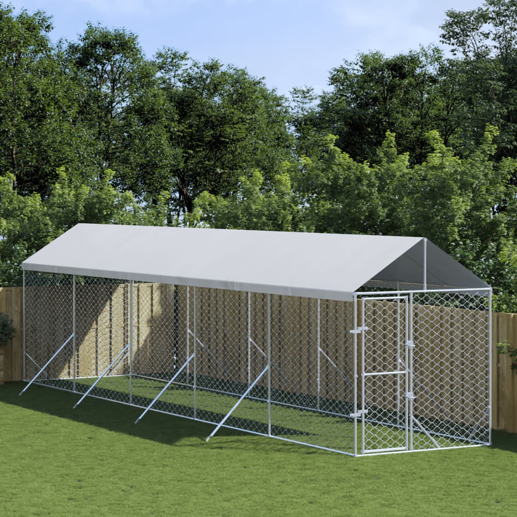 Hondenkennel Met Dak 2X14X2,5 M Gegalvaniseerd Staal Zilver