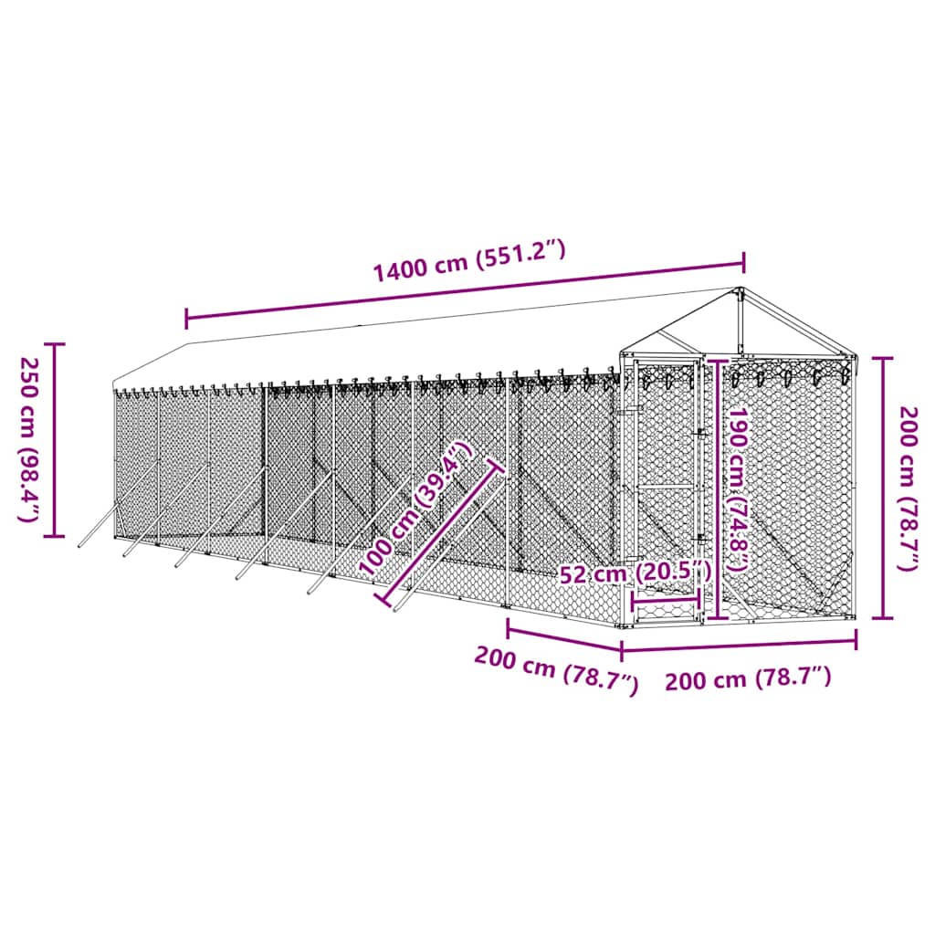 Hondenkennel Met Dak 2X14X2,5 M Gegalvaniseerd Staal Zilver