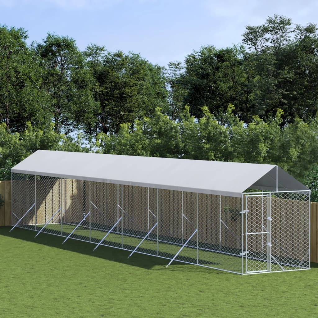 Hondenkennel Met Dak 2X14X2,5 M Gegalvaniseerd Staal Zilver