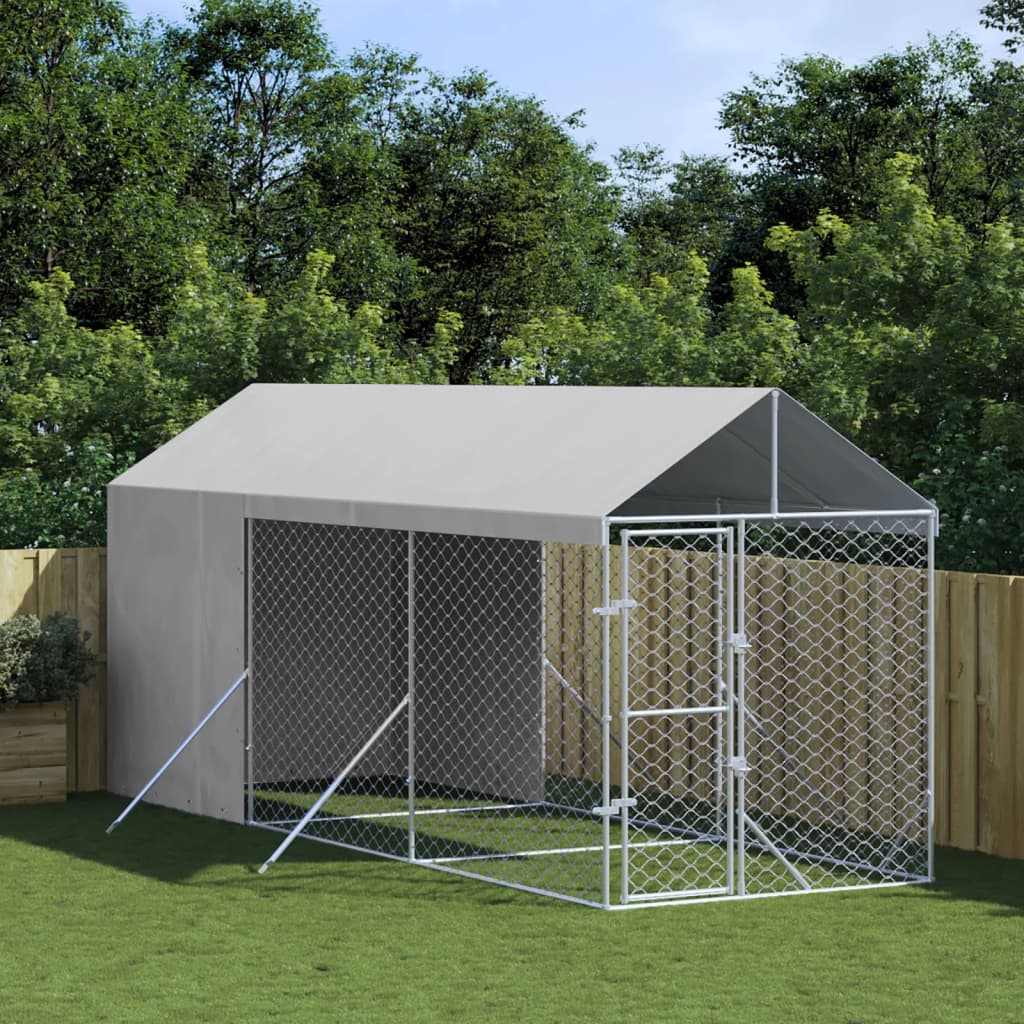 Hondenkennel Met Dak 2X14X2,5 M Gegalvaniseerd Staal Zilver