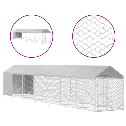 Hondenkennel Met Dak 2X14X2,5 M Gegalvaniseerd Staal Zilver