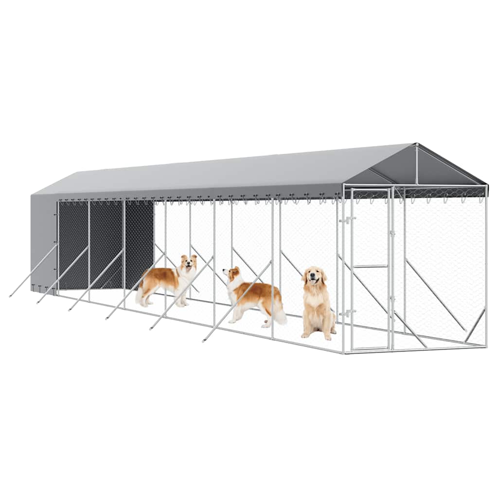 Hondenkennel Met Dak 2X14X2,5 M Gegalvaniseerd Staal Zilver
