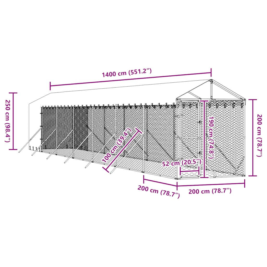 Hondenkennel Met Dak 2X14X2,5 M Gegalvaniseerd Staal Zilver
