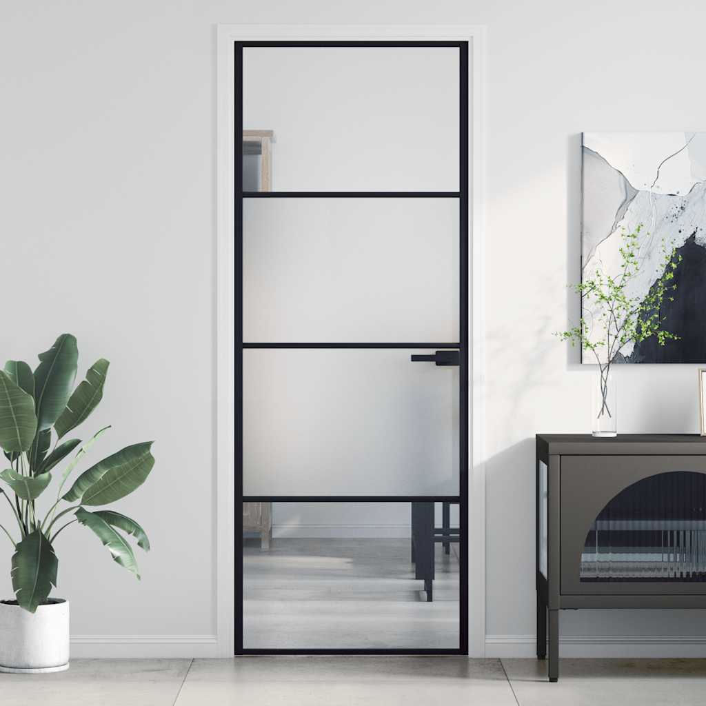 Binnendeur Smal 83X201,5 Cm Gehard Glas En Aluminium Zwart En Transparant En Mat