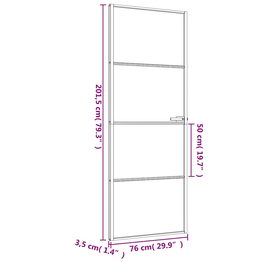 Binnendeur Smal 76X201,5 Cm Gehard Glas En Aluminium Zwart En Mat