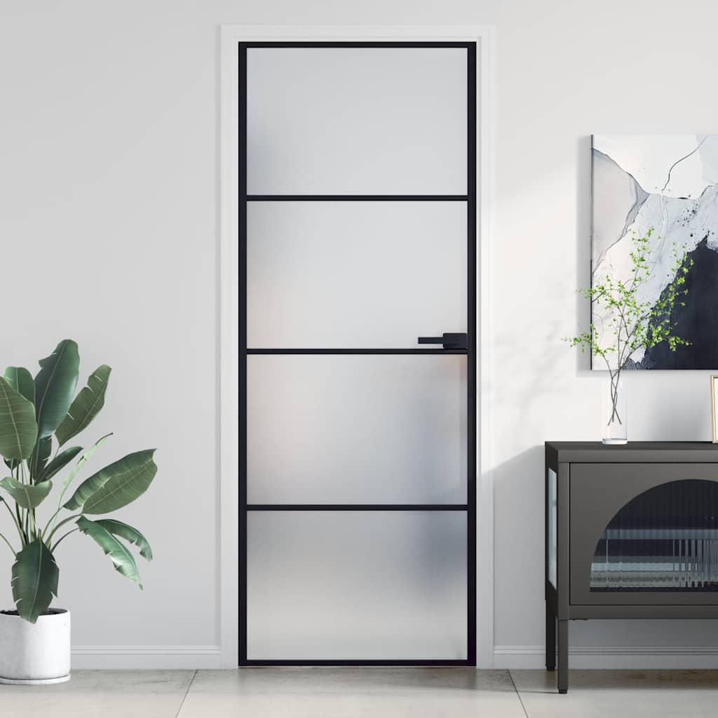 Binnendeur Smal 76X201,5 Cm Gehard Glas En Aluminium Zwart En Mat