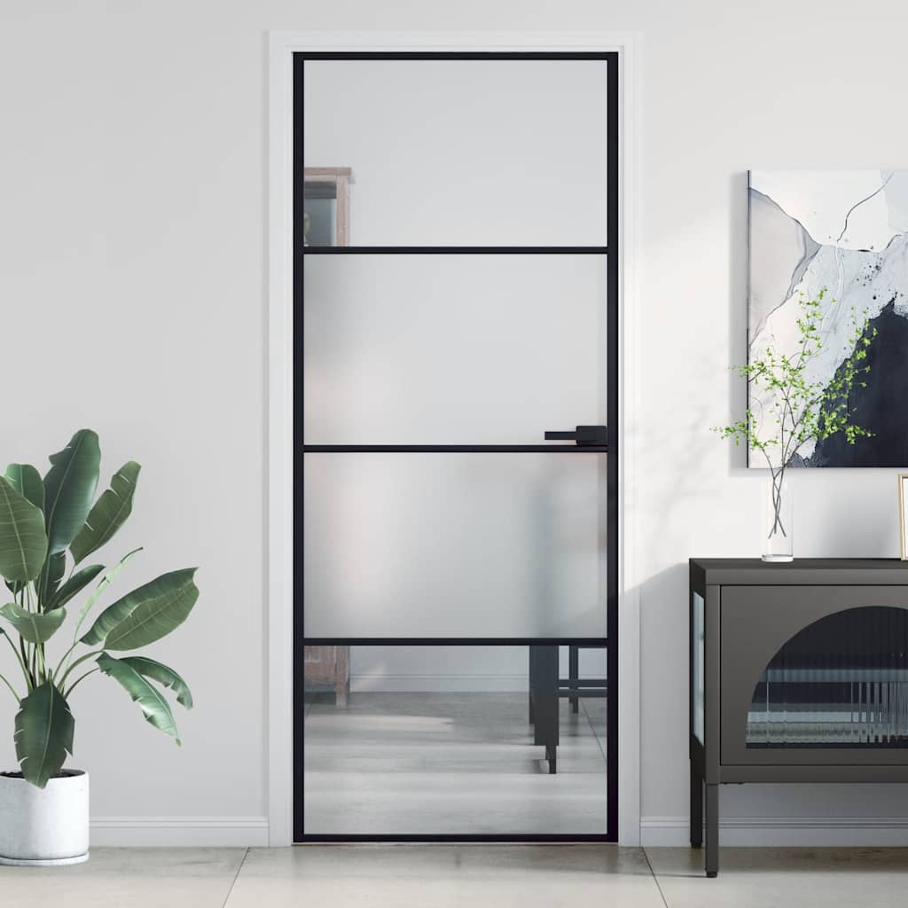 Binnendeur Smal 83X201,5 Cm Gehard Glas En Aluminium Zwart En Transparant En Mat