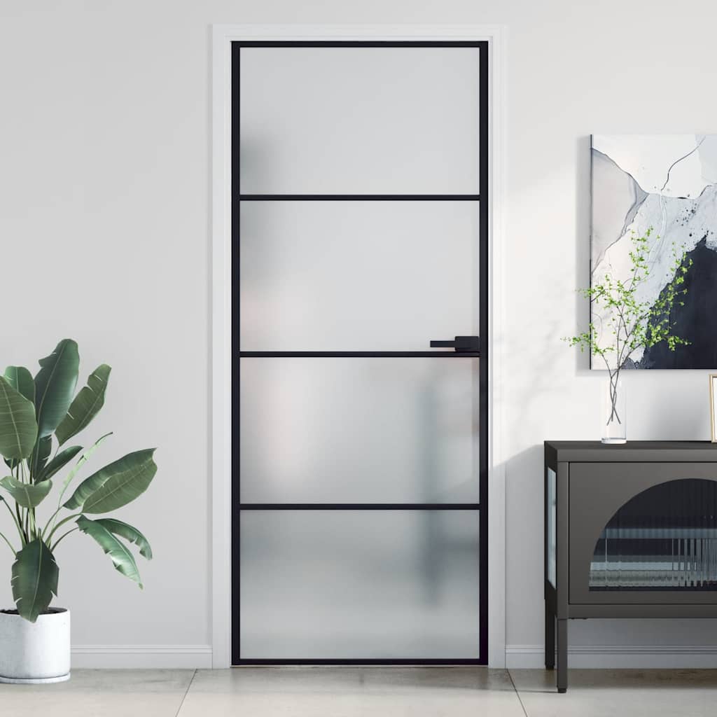 Binnendeur Smal 76X201,5 Cm Gehard Glas En Aluminium Zwart En Mat
