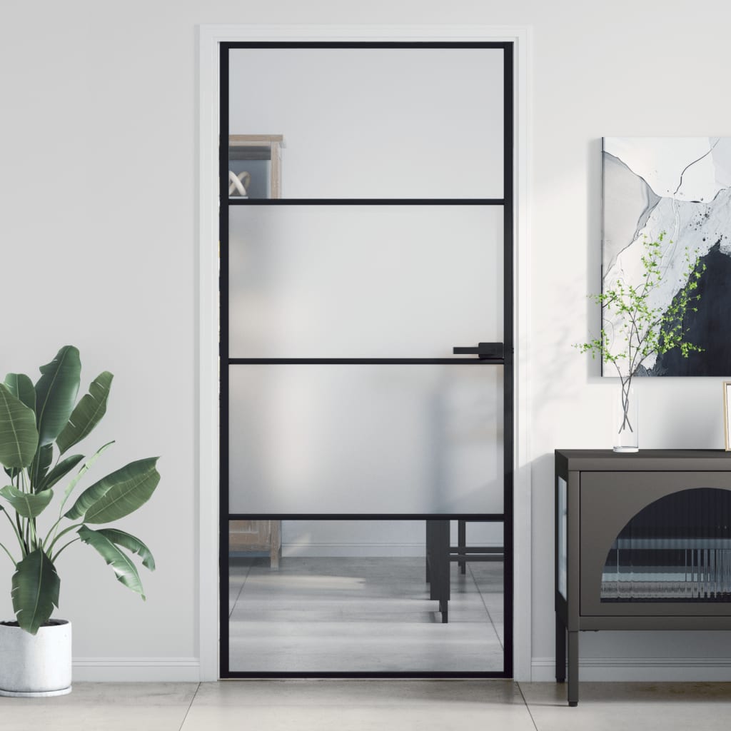Binnendeur Smal 83X201,5 Cm Gehard Glas En Aluminium Zwart En Transparant En Mat