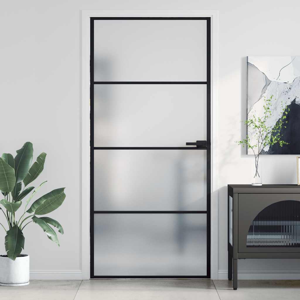 Binnendeur Smal 76X201,5 Cm Gehard Glas En Aluminium Zwart En Mat