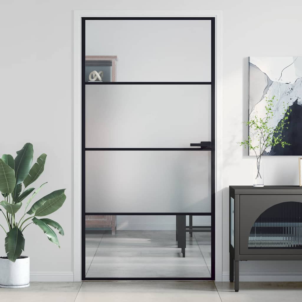 Binnendeur Smal 83X201,5 Cm Gehard Glas En Aluminium Zwart En Transparant En Mat