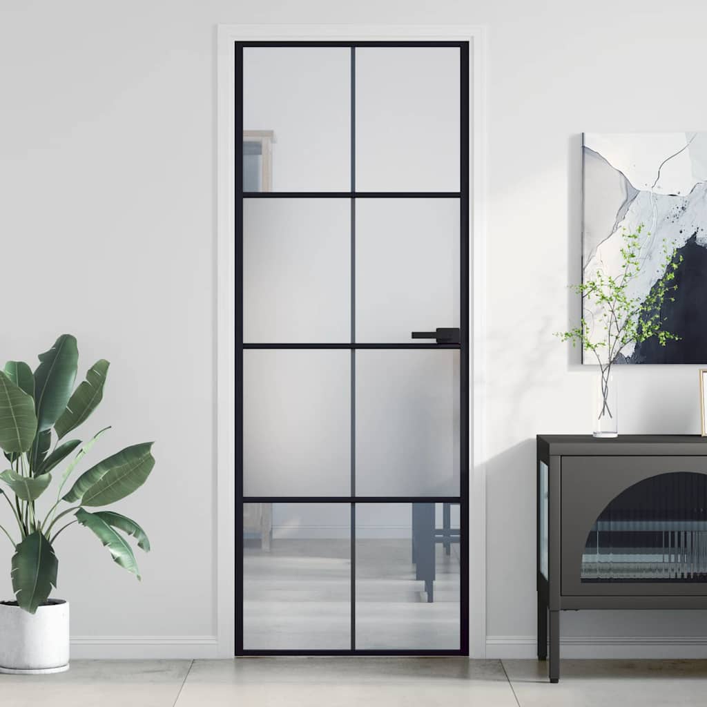Binnendeur Smal 83X201,5 Cm Gehard Glas En Aluminium Zwart En Transparant En Mat