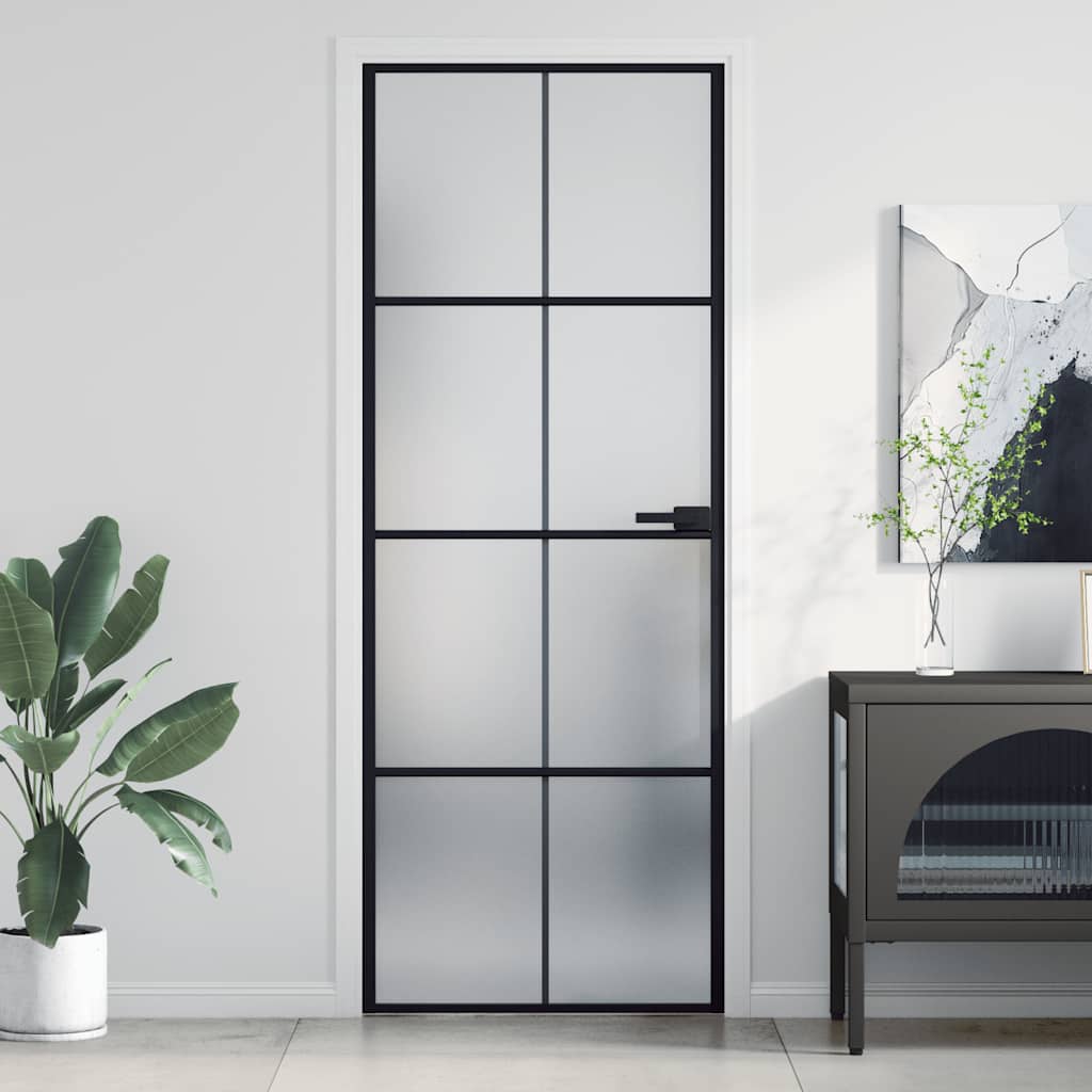 Binnendeur Smal 76X201,5 Cm Gehard Glas En Aluminium Zwart En Mat