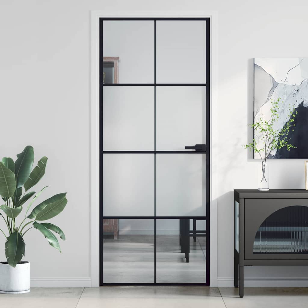 Binnendeur Smal 83X201,5 Cm Gehard Glas En Aluminium Zwart En Transparant En Mat