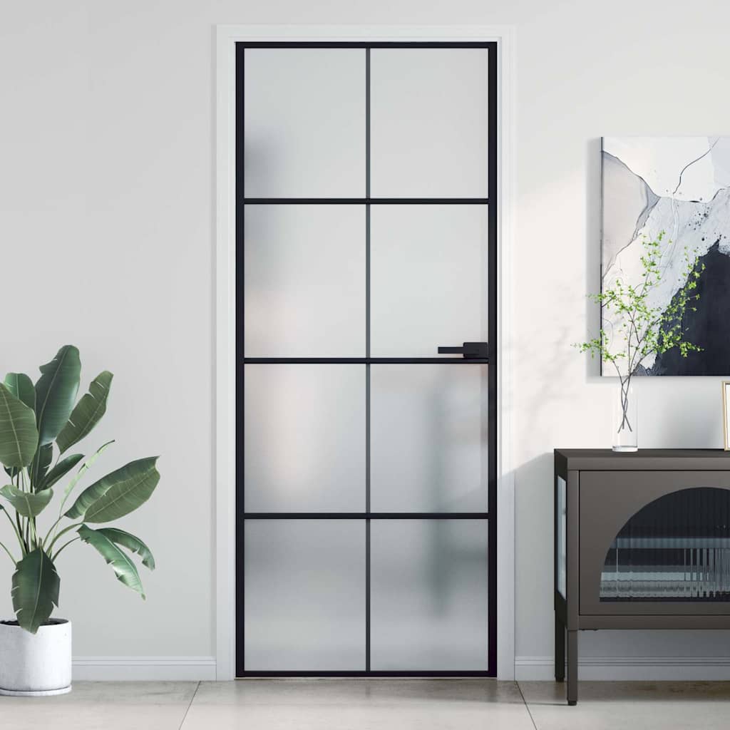 Binnendeur Smal 76X201,5 Cm Gehard Glas En Aluminium Zwart En Mat
