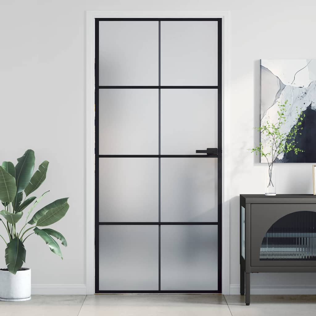 Binnendeur Smal 76X201,5 Cm Gehard Glas En Aluminium Zwart En Mat
