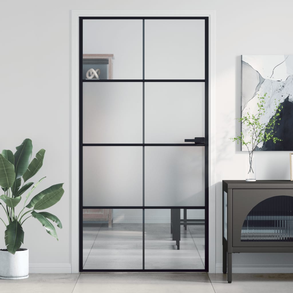 Binnendeur Smal 83X201,5 Cm Gehard Glas En Aluminium Zwart En Transparant En Mat