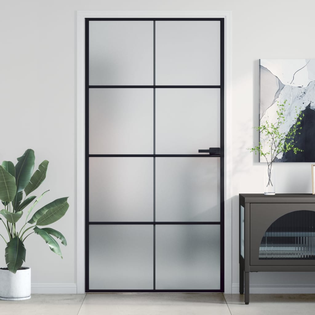 Binnendeur Smal 76X201,5 Cm Gehard Glas En Aluminium Zwart En Mat
