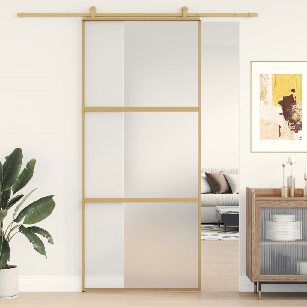 Binnendeur Smal 93X201,5 Cm Gehard Glas En Aluminium Goudkleur Goudkleurig En Mat