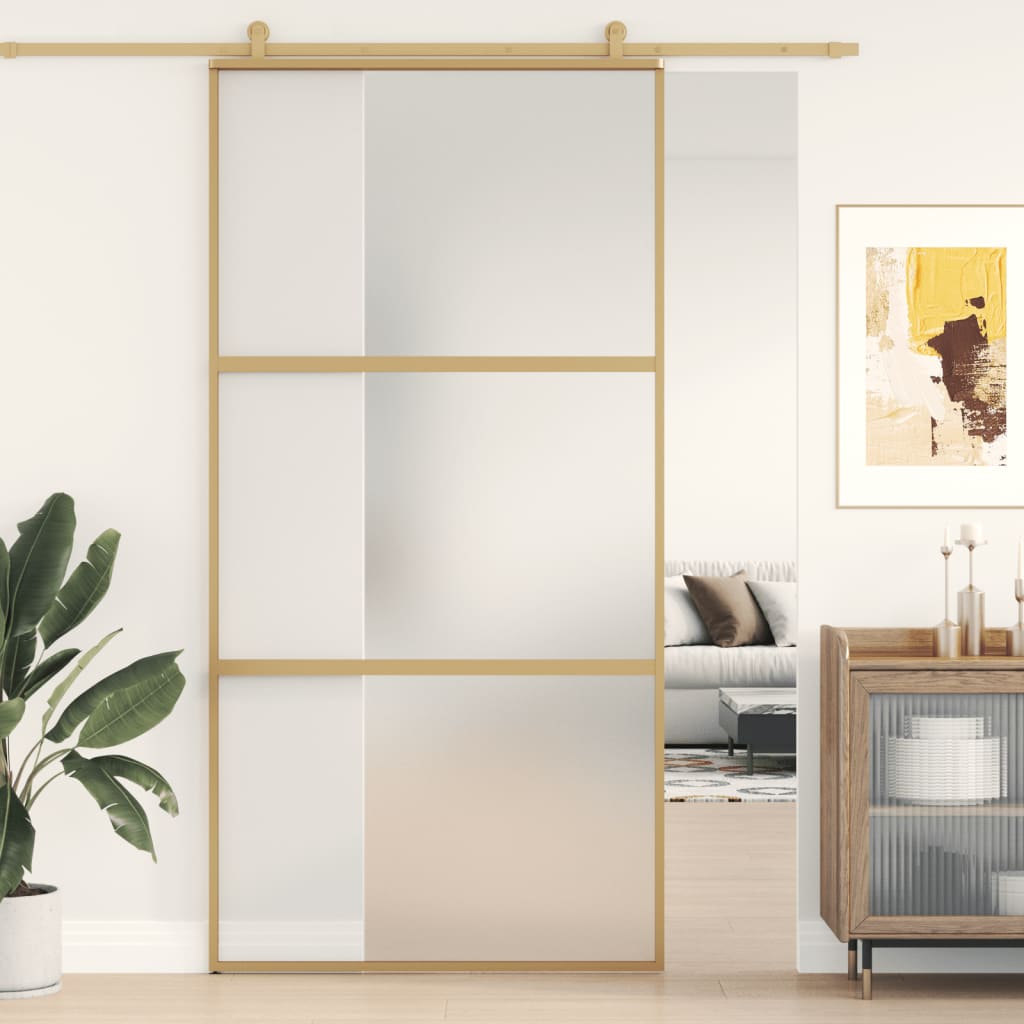Binnendeur Smal 93X201,5 Cm Gehard Glas En Aluminium Goudkleur Goudkleurig En Mat