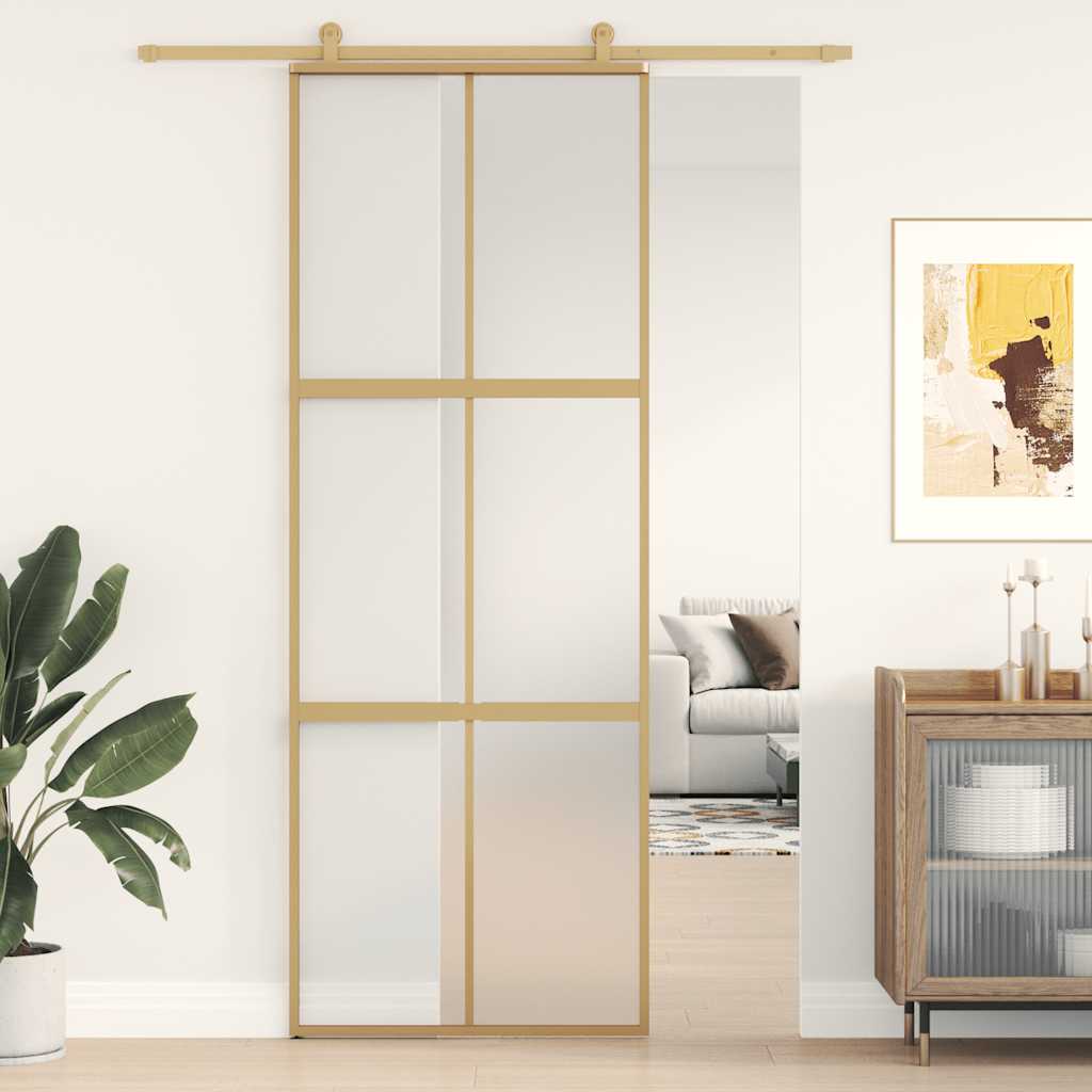 Binnendeur Smal 93X201,5 Cm Gehard Glas En Aluminium Goudkleur Goudkleurig En Mat