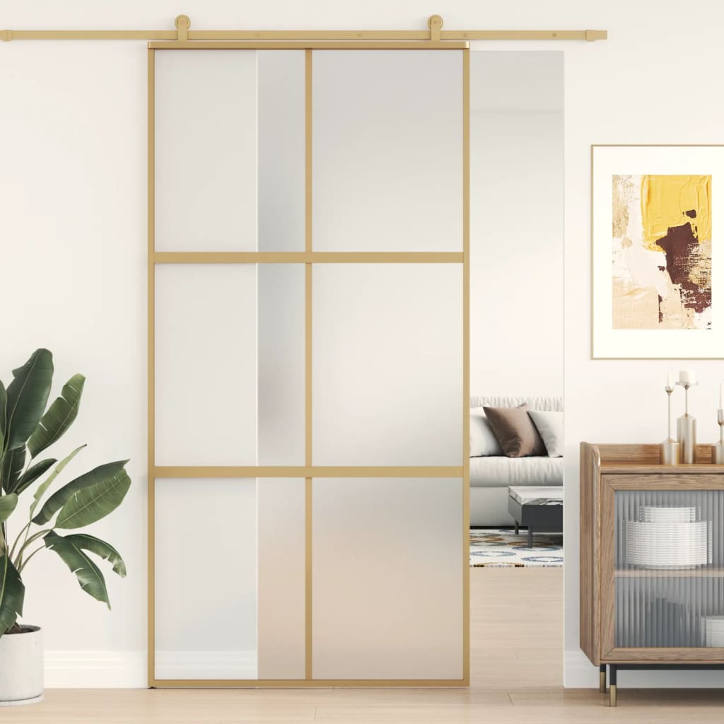 Binnendeur Smal 93X201,5 Cm Gehard Glas En Aluminium Goudkleur Goudkleurig En Mat