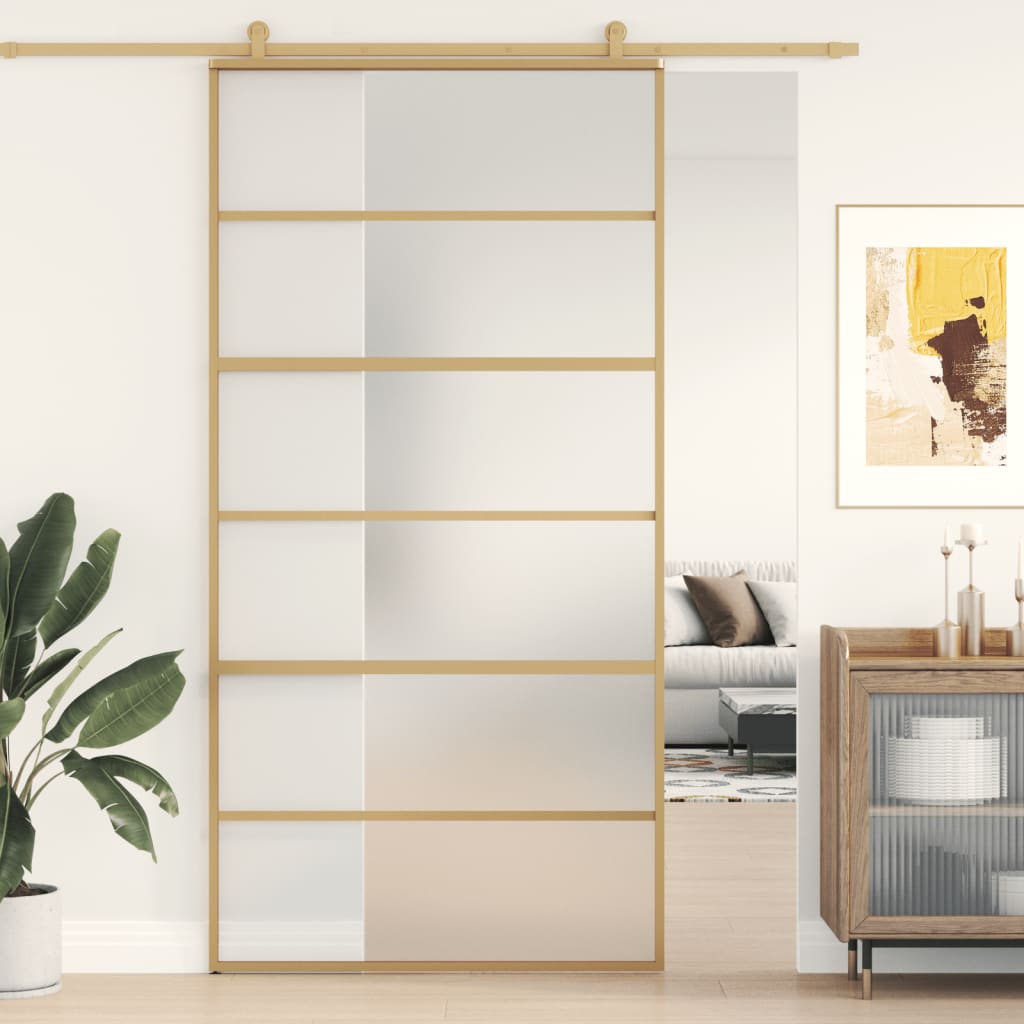Binnendeur Smal 93X201,5 Cm Gehard Glas En Aluminium Goudkleur Goudkleurig En Mat